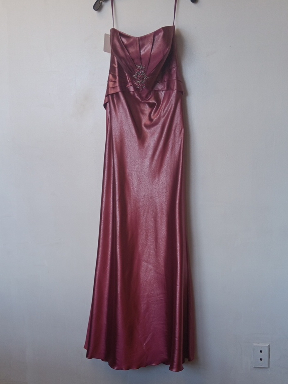 Mystique Boutique Strapless Satin Gown in Burgundy